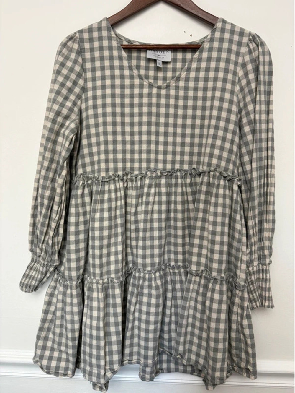 Hayden Los Angeles Large Gray Gingham Tiered Babydoll Mini Dress